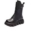 Autumn and Winter Soft Leather Comfortable Thick-soled British Martin Boots Women's Fashion Medium Tube Single Boots Trendy Velvet Thickened Warm Cot