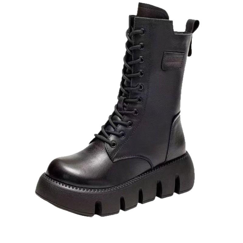 Autumn and Winter Soft Leather Comfortable Thick-soled British Martin Boots Women's Fashion Medium Tube Single Boots Trendy Velvet Thickened Warm Cot