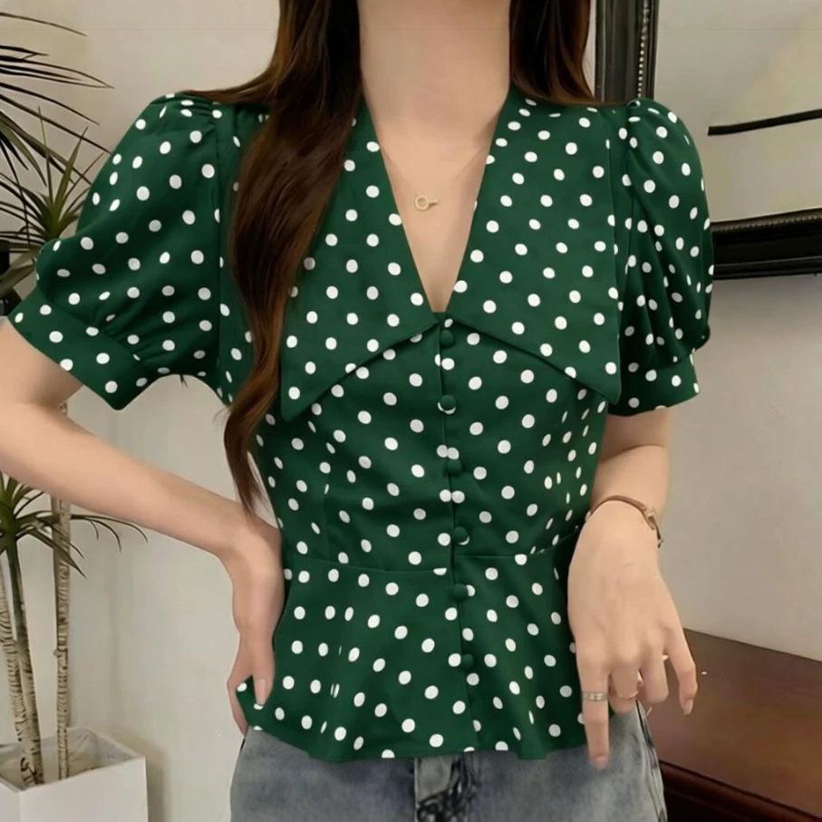 2026 Plus Size Polka Dot Puff Sleeve Top with Doll Collar - Slimming & Versatile Summer Short Sleeve for Curvy Figures