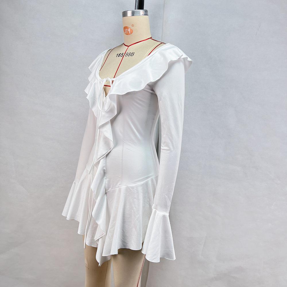 European & American Women's 2024 Ruffle Pointed Collar Bell Sleeve Tie-up Dress