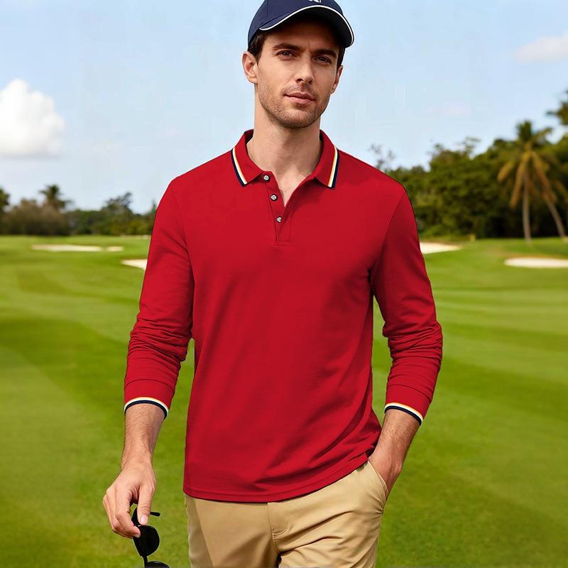 Amerikanischer Stil Locker Langarm Herren Freizeit Atmungsaktiv Einfarbig Golf Poloshirt