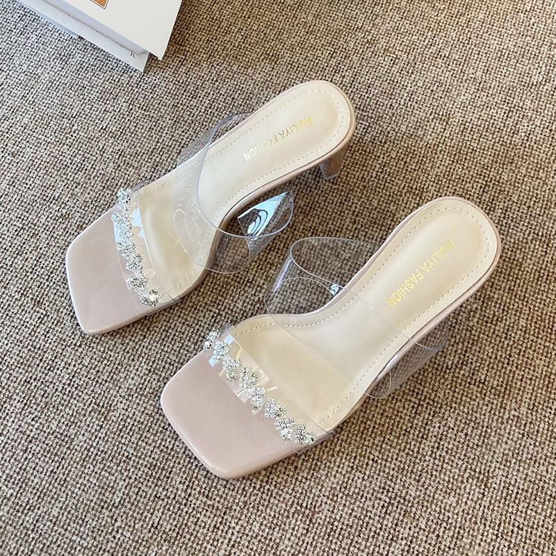 

X281-3 rhinestone square toe cool slippers 2025 new summer fairy versatile skirt high heels sandals 40