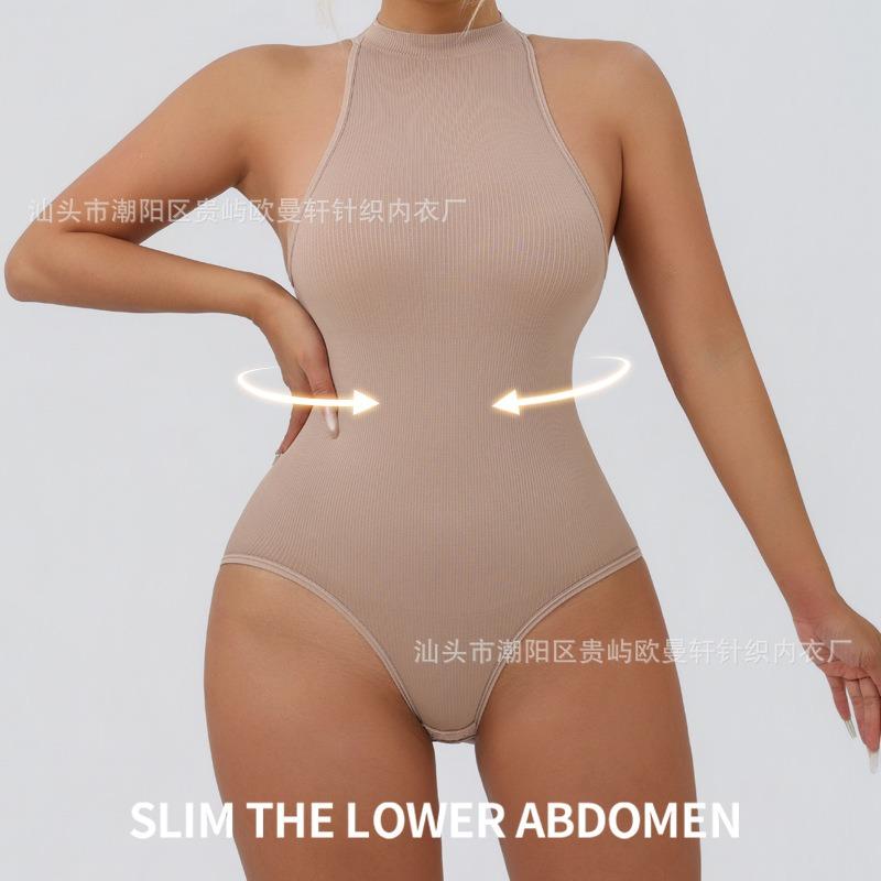 Round-neck, sleeveless, outerwear-friendly, button-down, form-fitting bodysuit with a tummy-tucking design and a thong-style shapewear