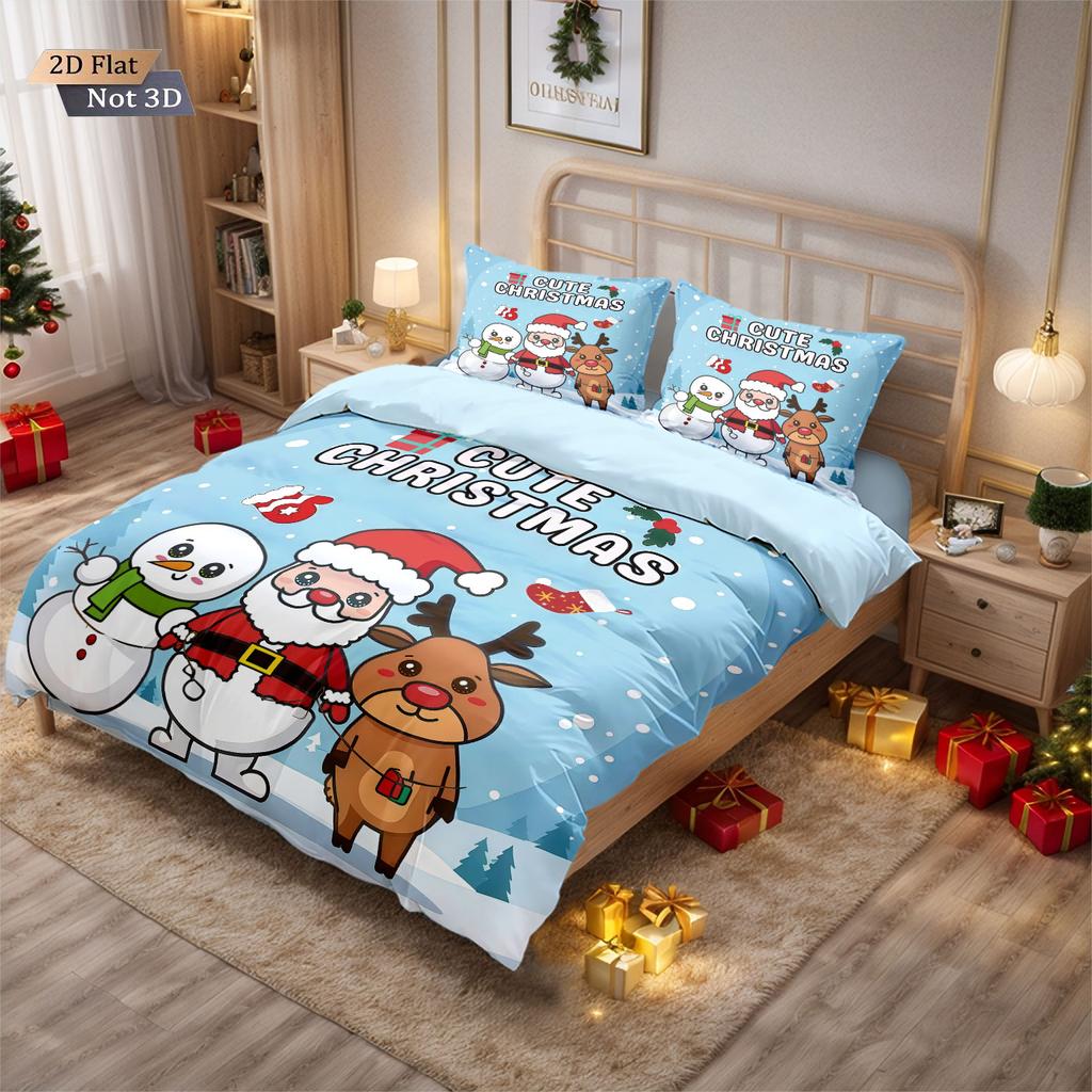 3pcs Merry Christmas Snowman Printed Coreless Bedding Set Dormitory Bedroom Multiple Sizes Holiday Decoration Machine Washable