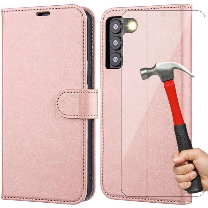 Pack de Coque et Verres Trempés - Booling - pour Samsung S22 Ultra - Rose - Effet Cuir - Anti Rayure