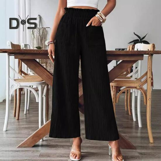 Women Summer Pants Elastic High Waist Casual Trousers with Pockets Solid Color Wrinkles Loose Fit Pants