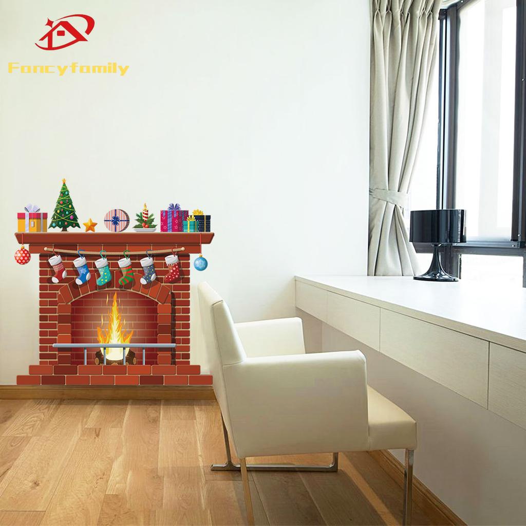 Fancyfamily 1 Pc Christmas Fireplace Creative Wall Stickers Christmas Living Room Bedroom Window Glass Decorative Wall Stickers
