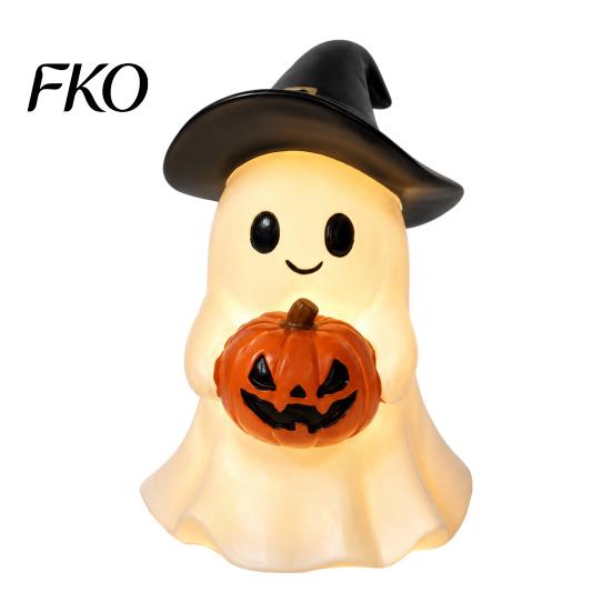 LED Pumpkin Decor Halloween Ghost Figurine, Cute Resin Holding Spooky Table Centerpiece Statue for Desk Tabletop Indoor Home Safe Flameless