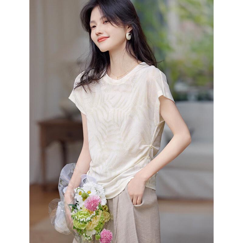 XWI Women s Textured Round Neck Side Ruched Short Sleeve T-Shirt S