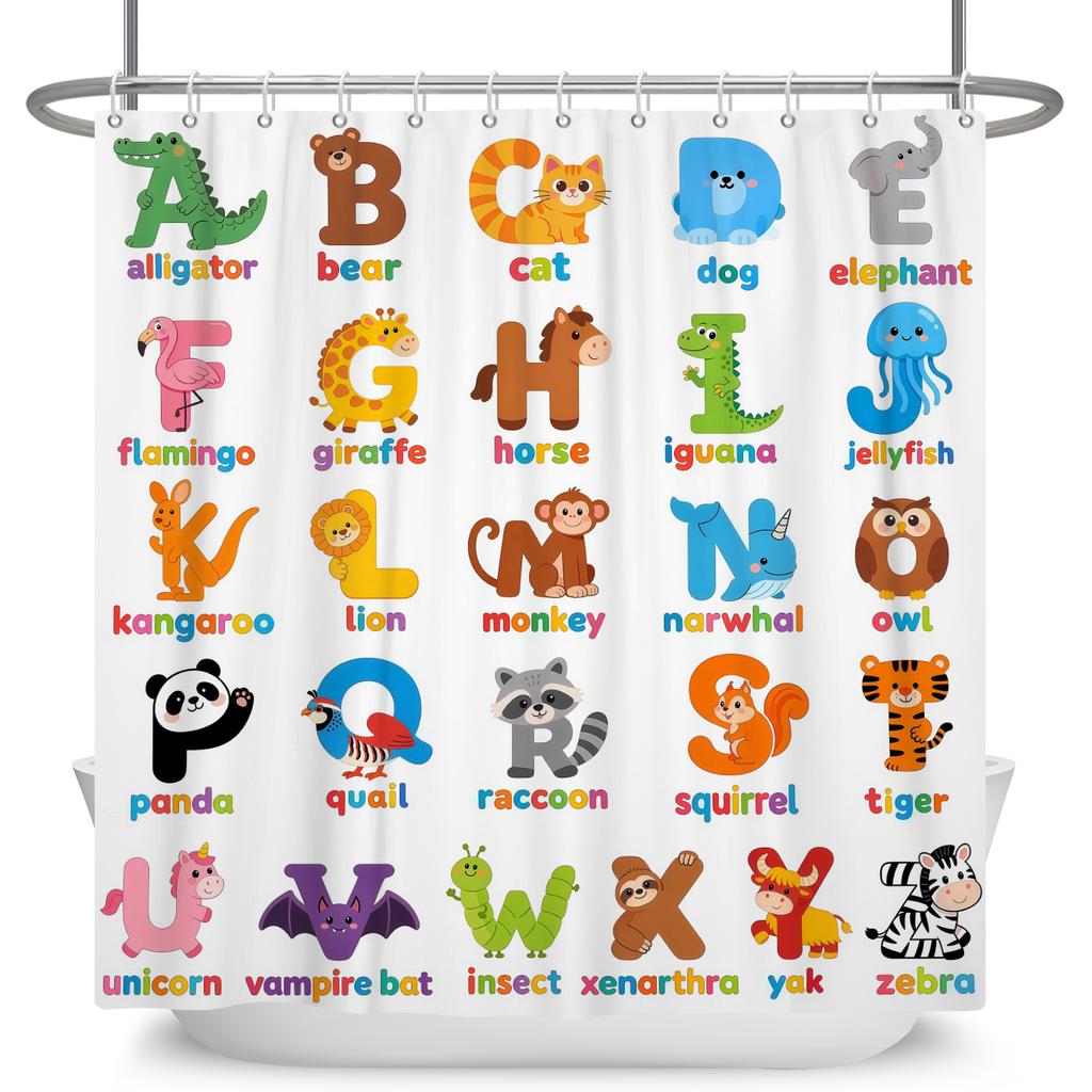 Cartoon Animal Alphabet Shower Curtain For Kids Abc Educational Learning Tools Baby Girls Boys Colourful Bath Curtain Bathroom