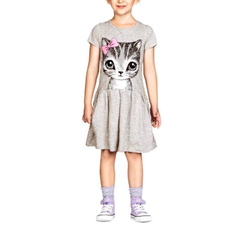 Maglietta Gonna Bambina Stampa Gatto Festa Principessa Skater Estiva Vestito Carino Bambina