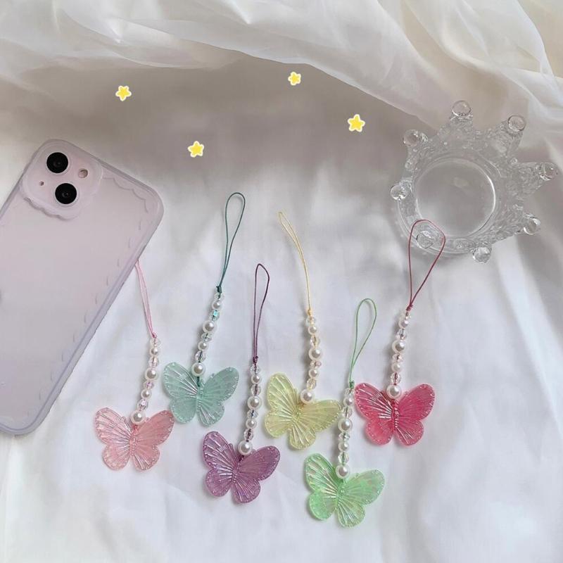Y2k Girl Heart Butterflies Tassels Pendant Crystal Acrylic Bead Keychain Sweet Car Bag Accessory Phone Shell Pendant