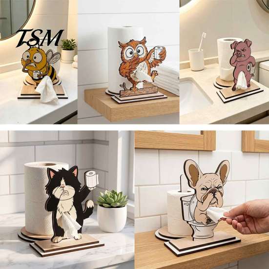 Novelty Bathroom Decor Roll Paper Holder, Creative Animal Shape Dispenser, Vertical Stable Tissue Sustainable Wood Stand Rack, Solid for Kitchen