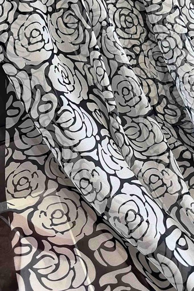 Scarf with a Rose Motif - Black and White, Elegant, Light