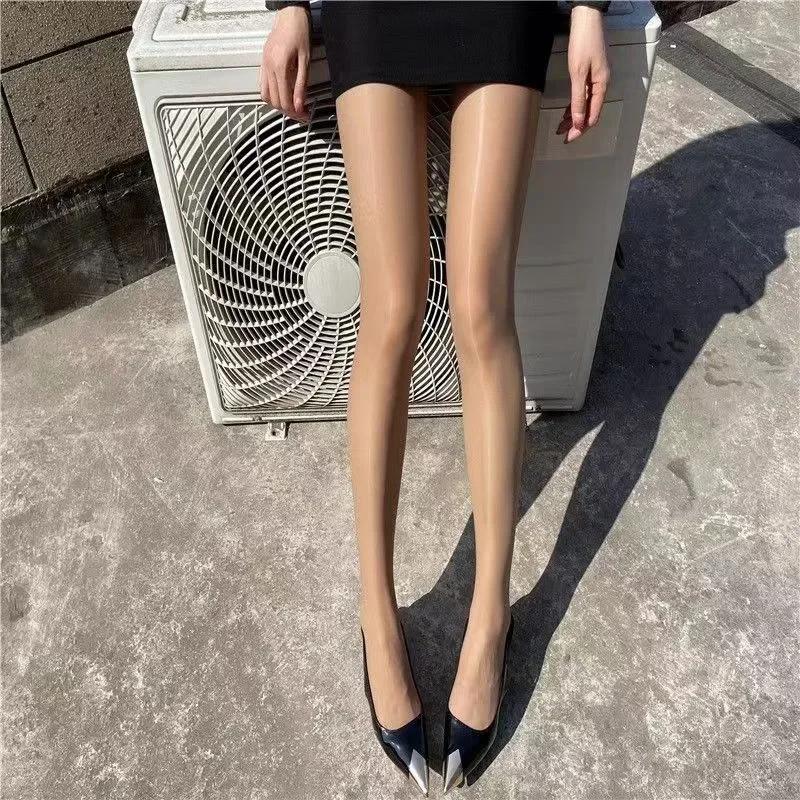 Women Sexy Sheer Flesh Light Stockings Erotic Oil Shiny Transparent Tights Slim Glossy Smooth Anti Hook See Through Pantyhose