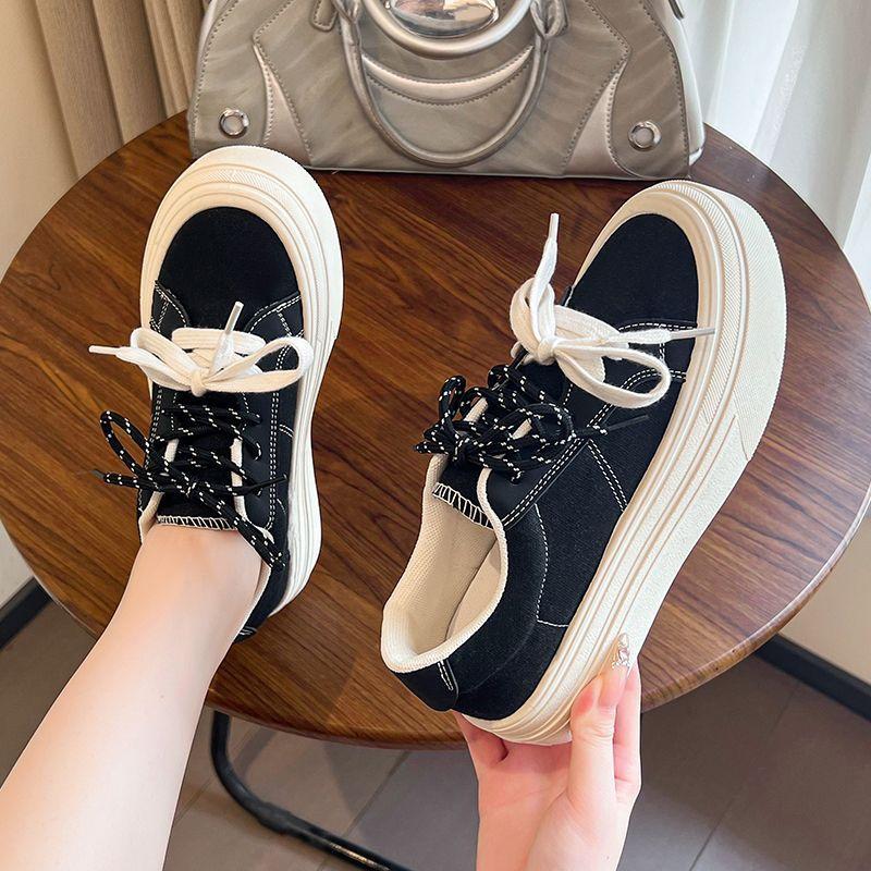 2025 New Black Canvas Shoes for Women's Autumn Korean Version of Students Platform Shoes Versatile Casual Campus Wind Shoes for Women