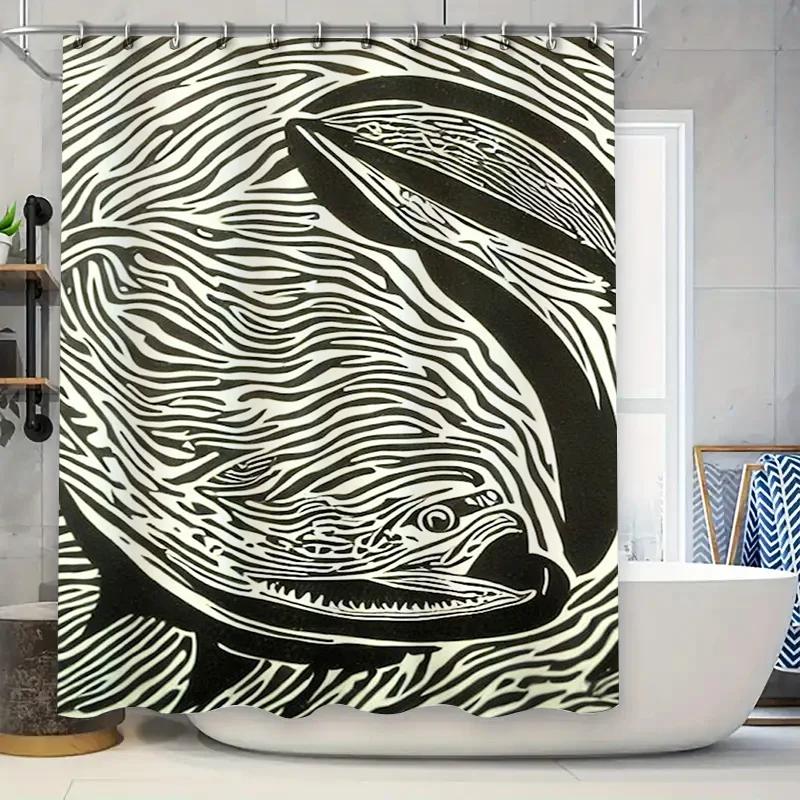

Black White Modern Whale Print Shower Curtain For Bathroom Decor Waterproof Fabric With Rod Pocket W60H190(CM)-1 Pcs