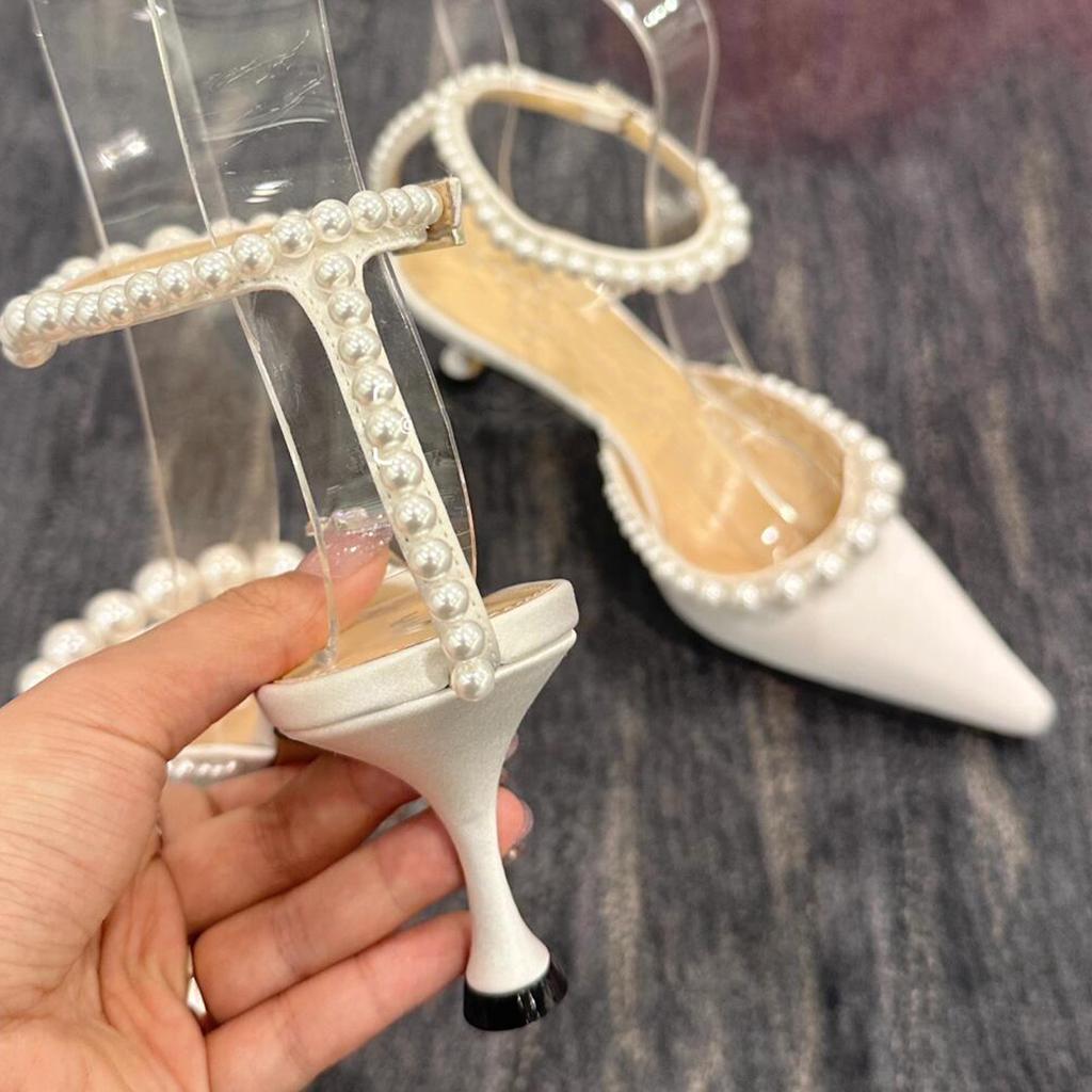 Fashion Pearl Chain Pointed-Toe Stiletto High Heels For Women 2025 Summer New French Elegant One-Shoulder Strd Elegant With A Drawstring