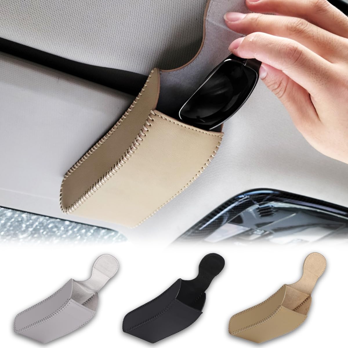 

PALTIA Car Sunglasses Holder Vertical Glasses Storage PU Leather Sun Visor Mount Lens Wipe Included (Beige) бежевый