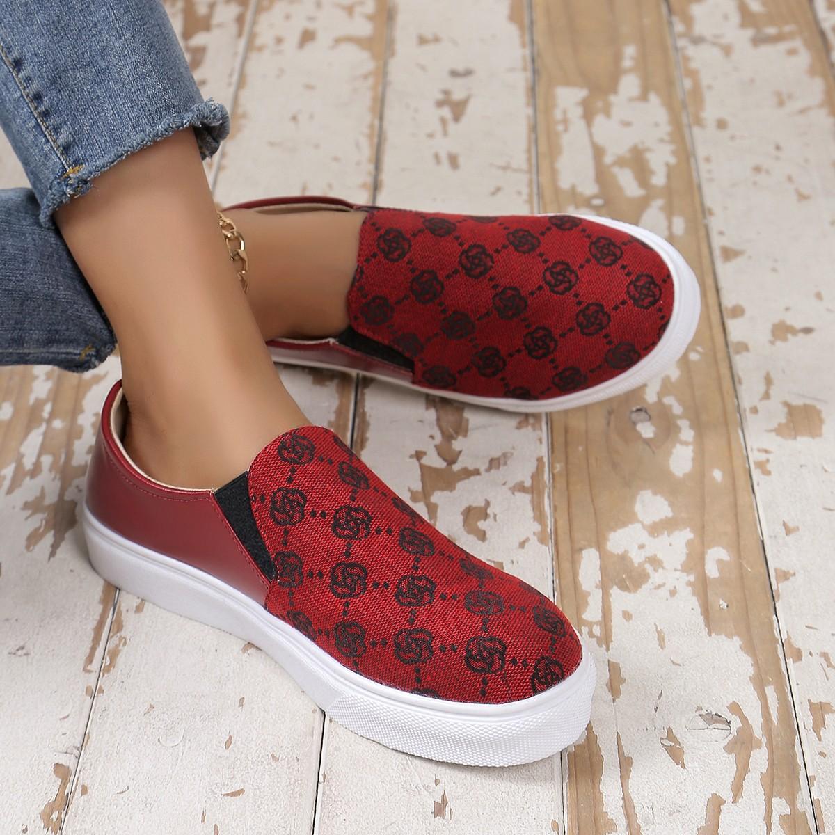 

Unisex Fashion Sneakers with Pattern Design - Casual Canvas Slip-On Shoes for Women & Men, Spring Summer New Arrival Lace-Up Walking Shoes 43 бордовий