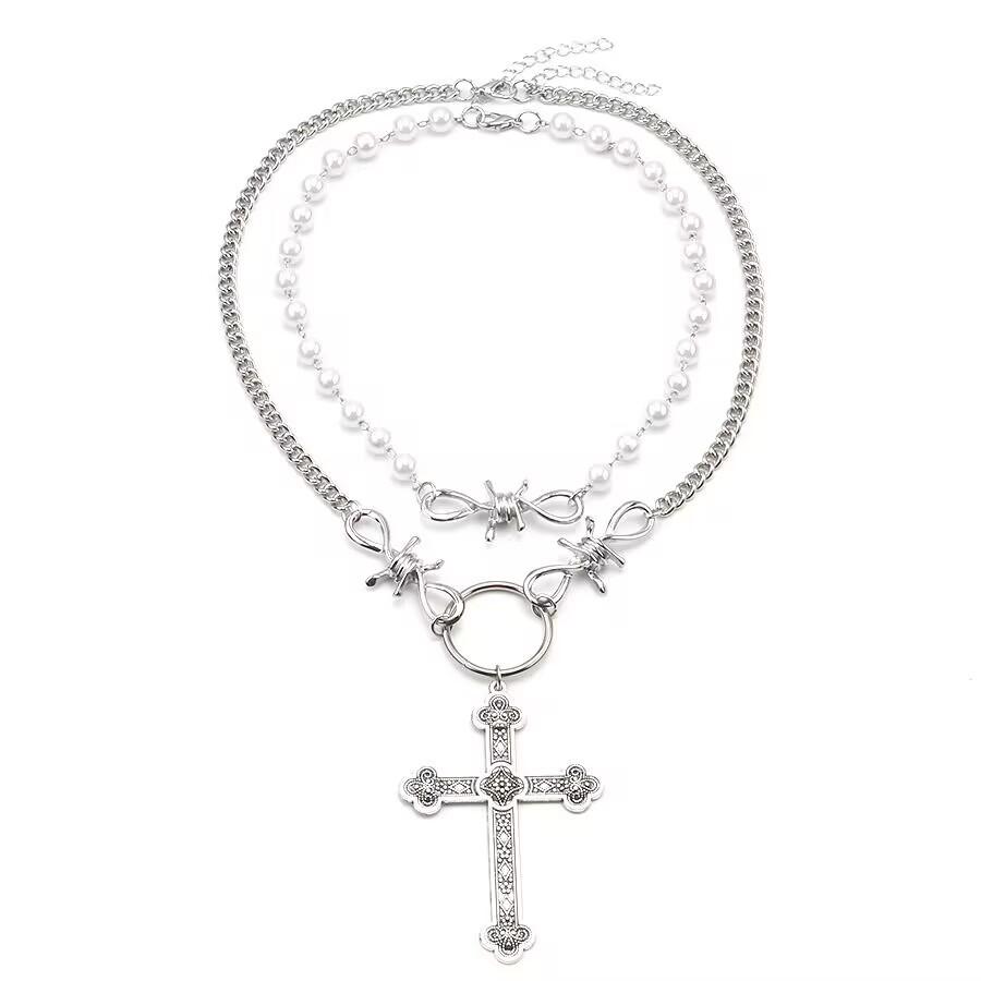 Cross Pendant Necklace Women's Ins Trend European and American Hip-hop Sweet and Cool Multi-layer Clavicle