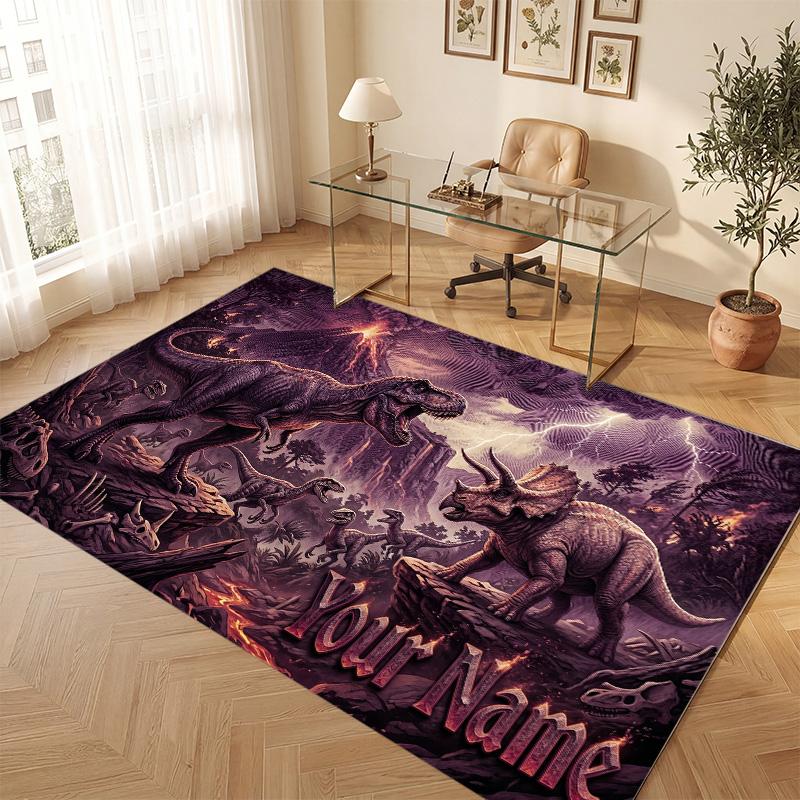 Dinosaur Theme Soft Crystal Velvet Rug Custom Name & Text Print Non Slip Floor Rug for Bedroom Living Room