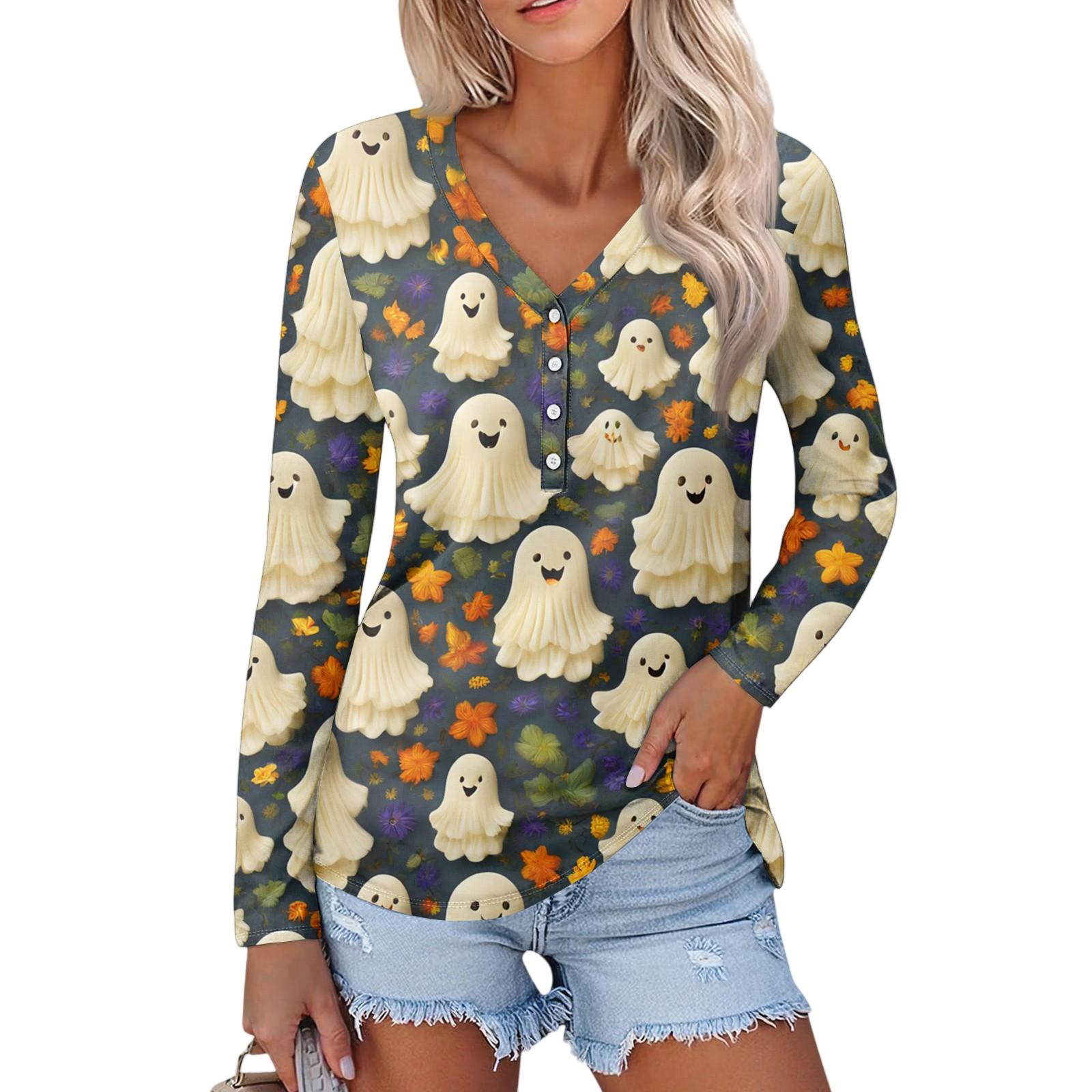 

Женская повседневная мода, сексуальный комфорт, Хэллоуин с принтом и v-образным вырезом, пуговицы, длинный рукав XXL чёрный