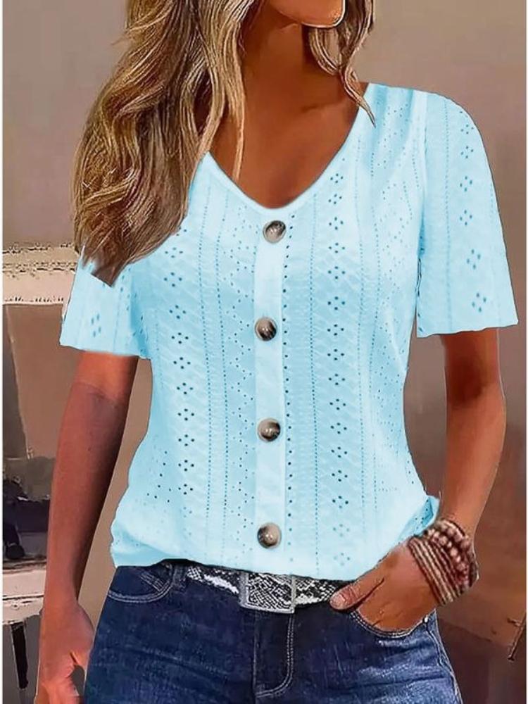 Autumn New Style Pure Color Jacquard V-neck Button Short-sleeved T-shirt Top