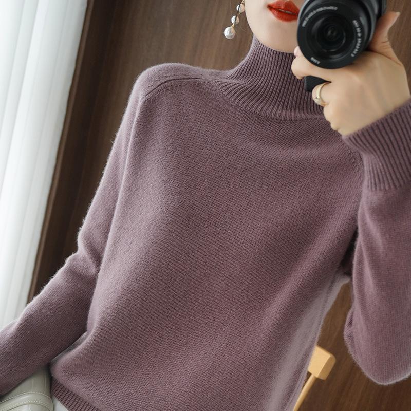 Classic Women Knit Sweater Stand Neck Top Winter Solid Color Versatile Pullover
