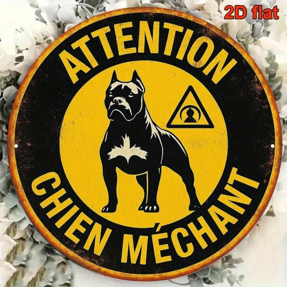 Vintage Beware Of Dog Retro French Caution Aluminum Round Wall Decor Porch Office Cafe