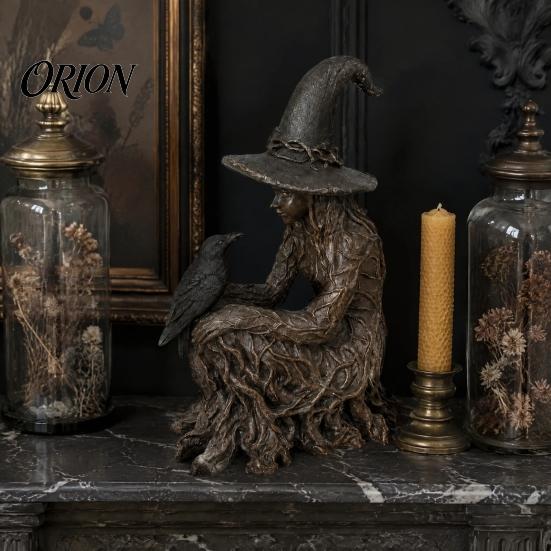 Mystical Witch Deco Halloween Tree Statue, Gothic Crow Resin Figurine, Decor Dark Fantasy Enchanting Ornament, Holiday Party Supplies Figurine
