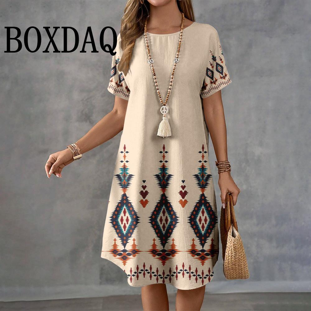 Letnie Retro Etniczny Nadruk Krótki Rękaw Casual Damska O-Neck Długość do Kolana Modne Eleganckie Damskie Sukienki A-Line