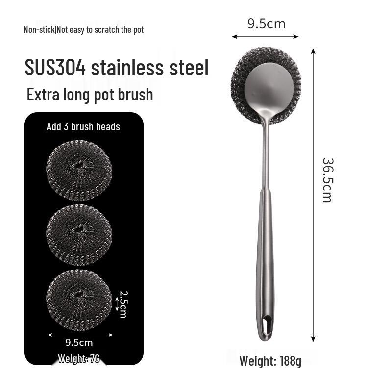 304 Stainless Steel Long Handle Pot & Grill Cleaning Brush - Gentle on Hands