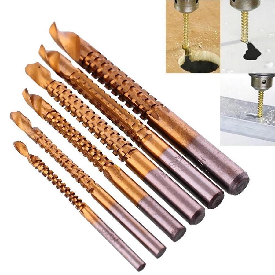 6Pcs Titanium Coated HSS Drill & Saw Carpenter Woodworking Wood Plastic Metal Hole Grooving