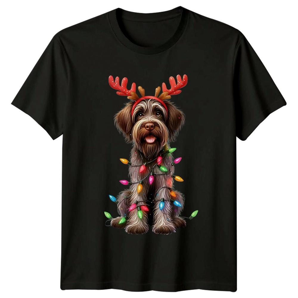 Wirehaired Dog Christmas Lights Antlers Holiday Animals Unisexs TShirt Unisexs Tee