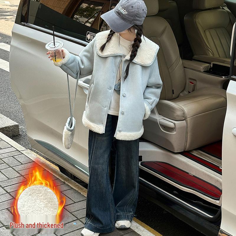 2025 Girls' Fleece-Lined Lambswool Coat - Autumn/Winter Fuzzy Sweater Style