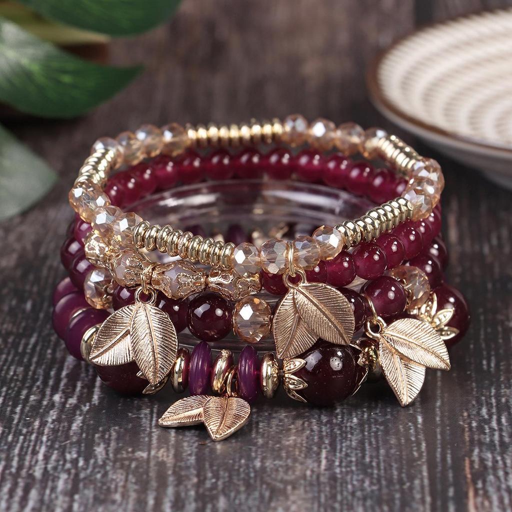 Bohemian Retro Beaded Bracelet with Leaf Pendant and Crystal Accents