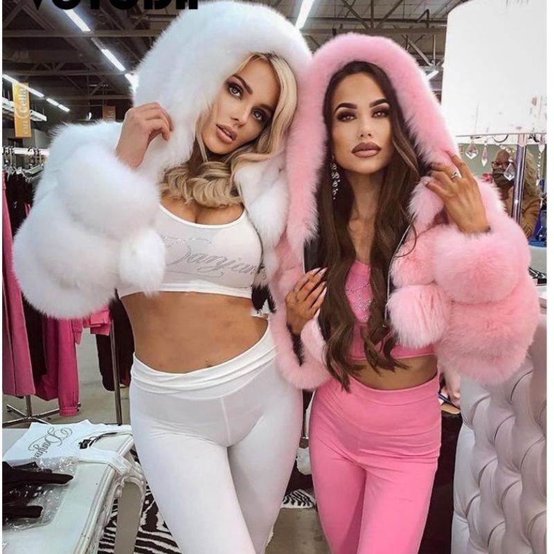 Women's High-quality Furry Faux Fur Coats and Jackets Women's Fluffy Tops and Hooded Winter Fur Jackets