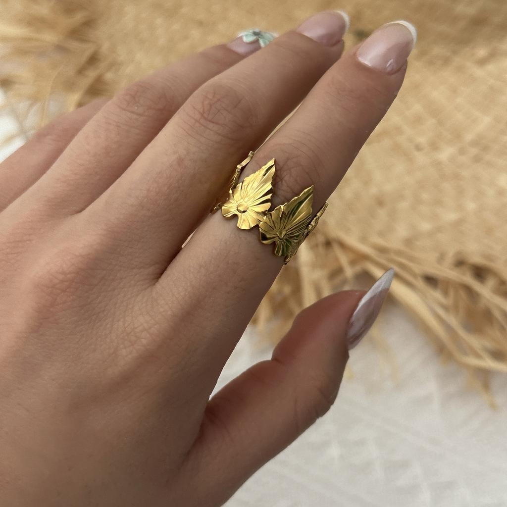 Stainless Steel Vintage Punk Finger Rings Set For Women Men Gold Plated Flower Leaves Texture Open Ring Party Statement Jewelry