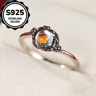 Anello vintage in argento sterling 925 con pietra di luna rotonda per donna, squisito anello di fidanzamento, fede nuziale, gioielli 925