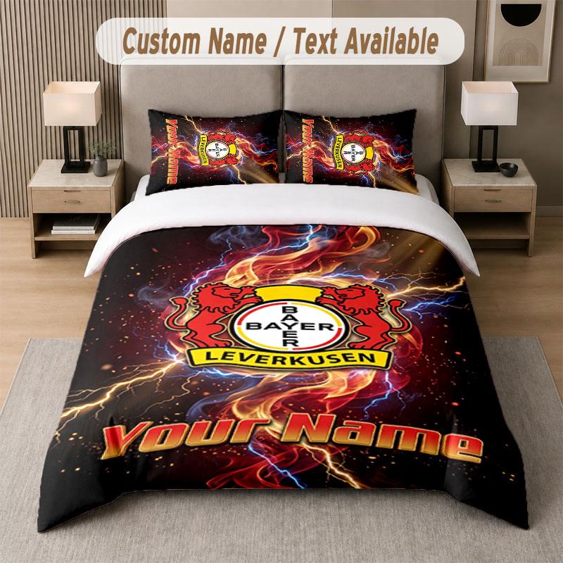Custom Bedding Set Bayer Leverkusen Football Pattern, Print Name Text 1 Duvet Cover Plus 2 Pillowcases Home Textile