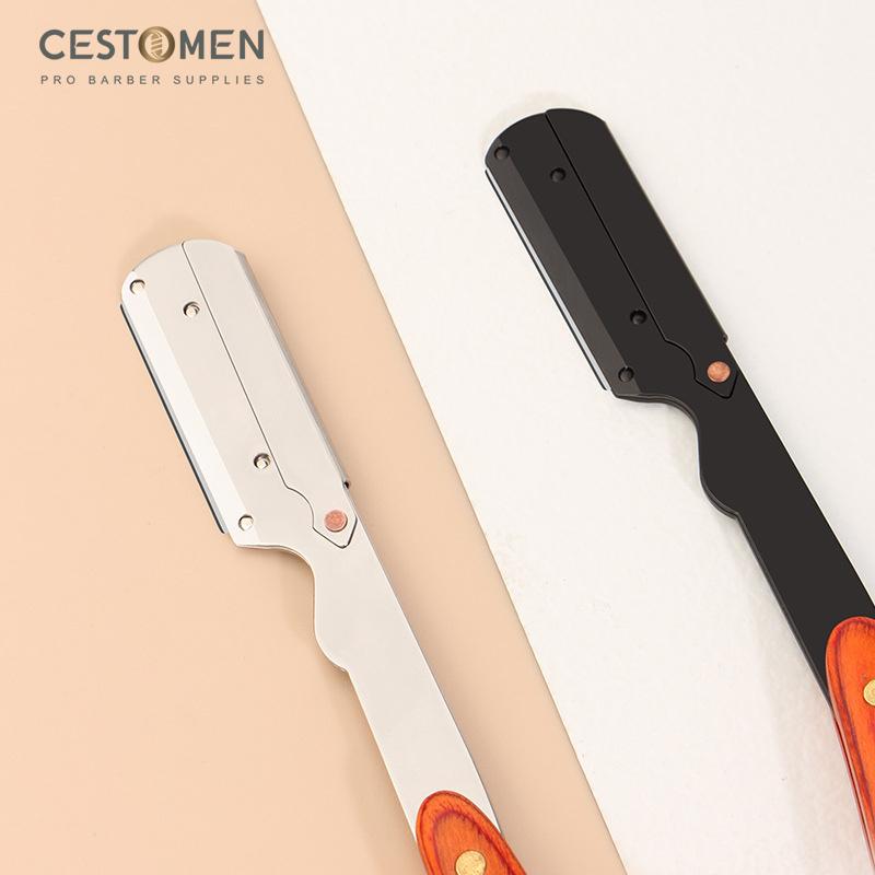 CESTOMEN Men Shaving Tool Stainless Steel Folding Classic Wood Shaver Razor Professional Manual Razors Knife Holder For Beard Styling