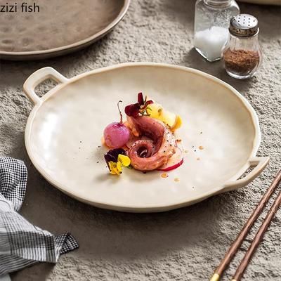 Vintage Ceramic Double Ear Plate Creative Hammer Pattern Salad Plate Dessert Sushi Plate Molecular Cuisine Specialty Tableware