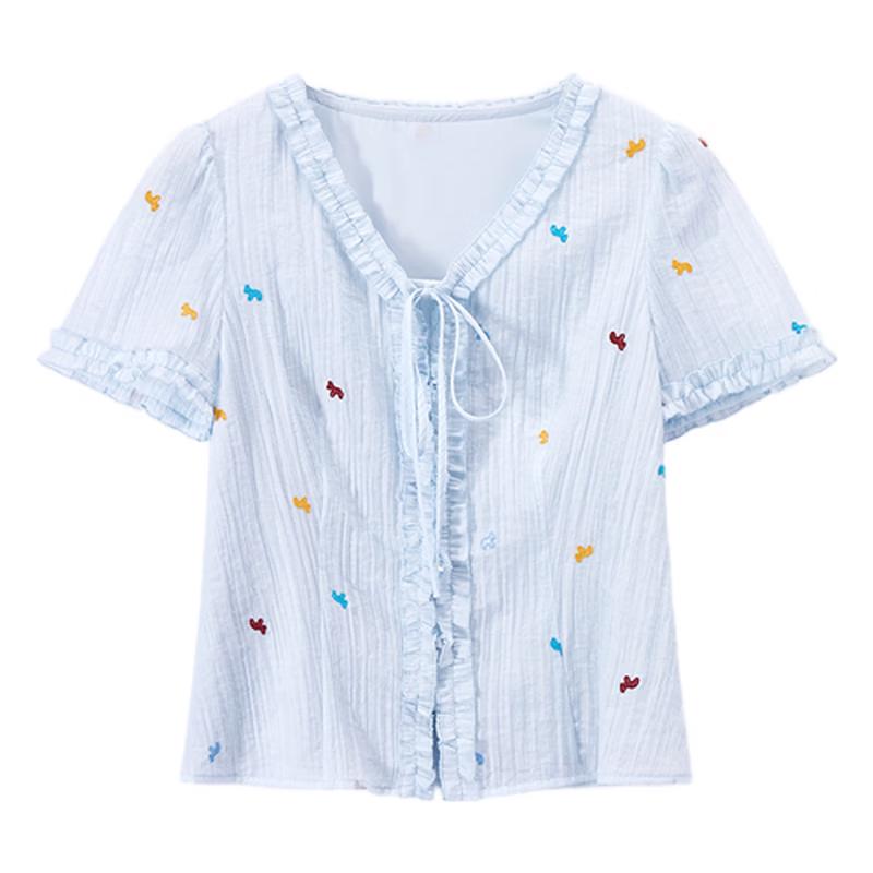 Cute Pony Embroidered V-Neck Ruffle Short Sleeve Blouse XL