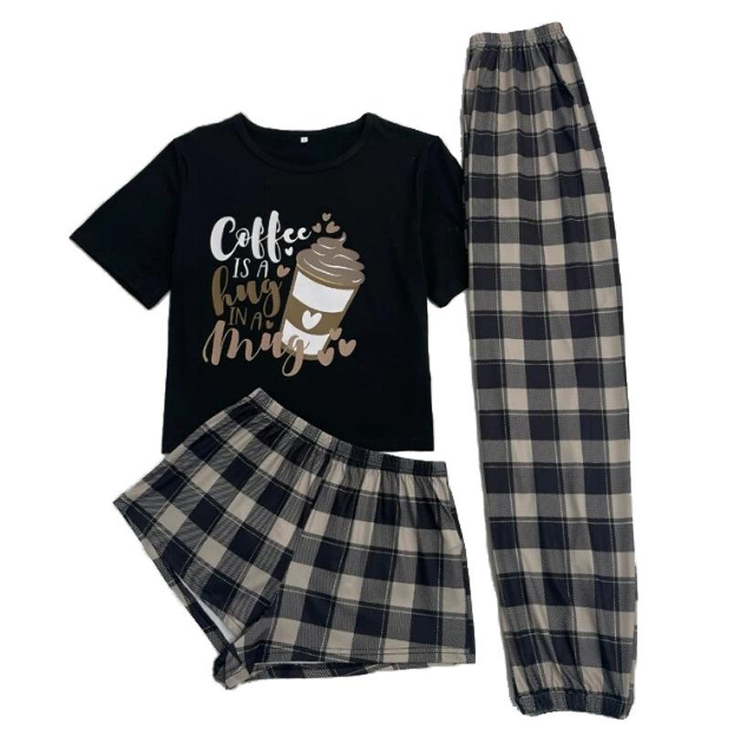 Sutli ipak 3 qismli pijamalar to'plami Ayollar Multfilm Kletkali Print Qisqa Yengli Yevropa Uslubidagi Uy Kiyimi Pijama Shortiklar Uxlash Shimlar Yozgi