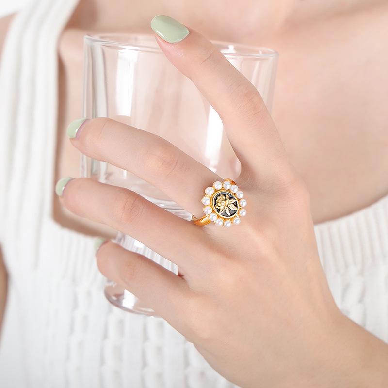 18K Gold-Plated Titanium Steel Open Ring with Faux Pearl  Drip Oil Design Size 7