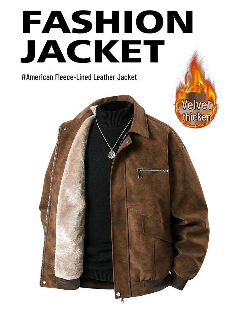 Men's American-Style Winter Leather Jacket with Fleece Lining – Solid, Warm, Windproof, Lapel, Loose Fit, Versatile.