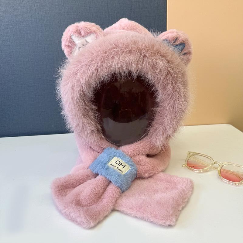 Embroidered bear hat scarf integrated schoolgirl cute warm winter plush scarf cover ear protection