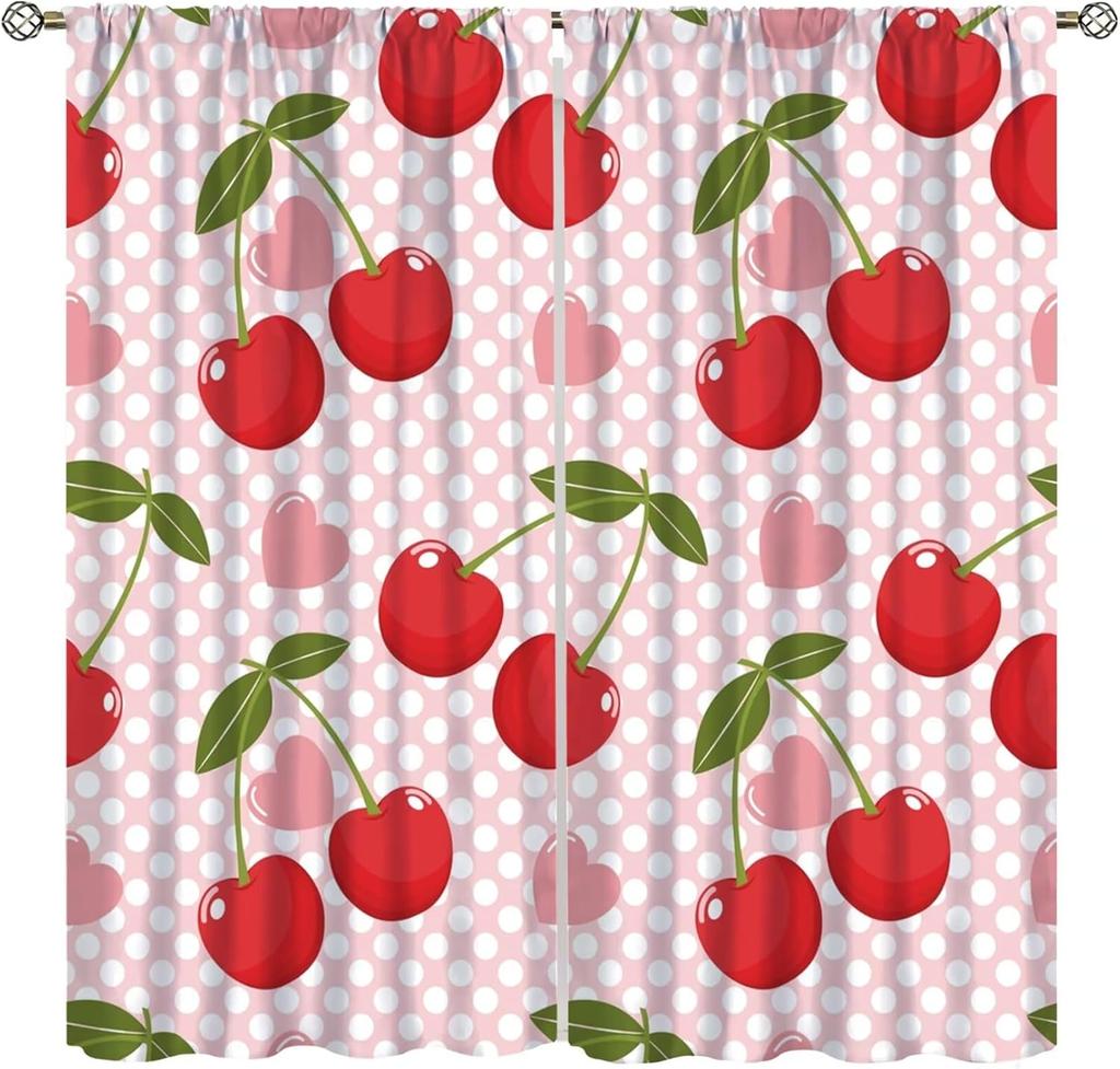 Erdbeer Frucht Blume Niedliche Vorhänge Groovy Funky Trendige Blumenbedruckte Stangentasche Fensterbehänge für Mädchen Schlafzimmer Wohnzimmer