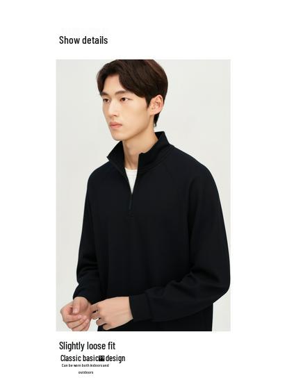 Men's 2025 Winter Black Fleece-Lined Half-Zip Stand Collar Sweatshirt